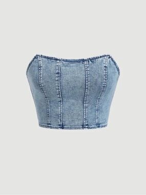 Denim Strapless Corset Crop Top - Light Blue